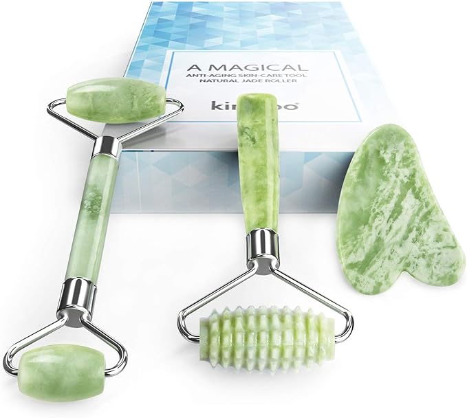 kimkoo Jade Roller and Gua Sha for Face-3 in 1 Kit with Facial Massager Tool,100% Real Natural Jade Stone Anti Aging,Face Beauty Set for Eye Anti-Wrinkle-Velvo Beauty