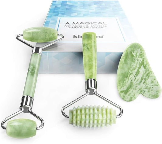 kimkoo Jade Roller and Gua Sha for Face-3 in 1 Kit with Facial Massager Tool,100% Real Natural Jade Stone Anti Aging,Face Beauty Set for Eye Anti-Wrinkle-Velvo Beauty