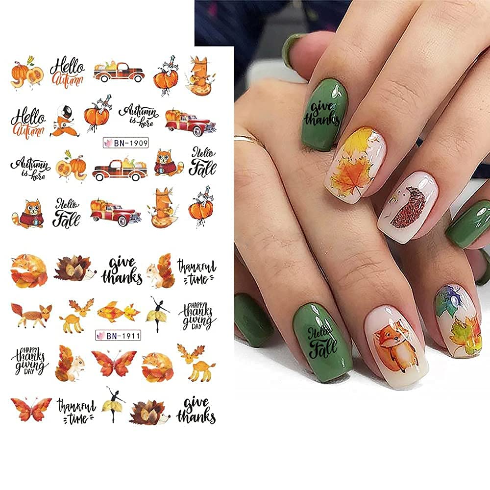 Fall Nail Art Stickers Thanksgiving Nail Decals 24 Sheets Maple Leaves Pumpkin Water Transfer Maple Leaf Turkey Pumpkin Animal Nail Design Sticker for Women Girls Fingernail Tattoos Decoration-Velvo Beauty