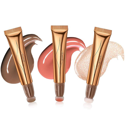 Liquid Contour Beauty Wand Set,Blush Liquid Contour Stick Highlighter Makeup With Cushion Applicator,Long Lasting Smooth Natural Matte Finish,Lightweight Blendable Super Silky Cream Sticks (01#02#04)-Velvo Beauty