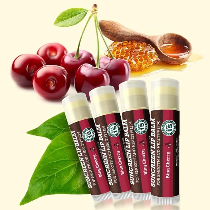 SPF Lip Balm 4-Pack by Earth's Daughter - Lip Sunscreen, SPF 15, Organic Ingredients, Cherry Flavor, Beeswax, Coconut Oil, Vitamin E - Hypoallergenic, Paraben Free, Gluten Free-Velvo Beauty