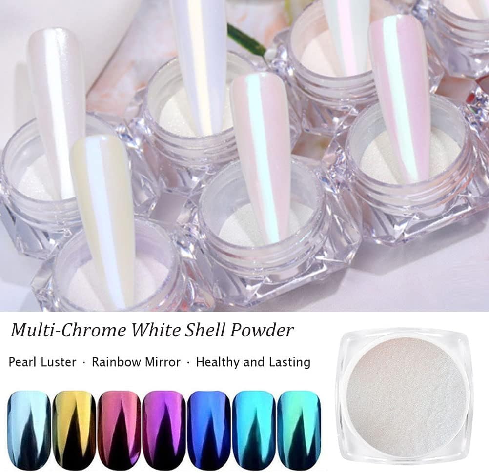 7 Colors Chrome Nail Powder Aurora Metallic Holographic Mirror Effect Dip Nail Powder Kit, White Pearl Iridescent Shell Powder Glitter Nail Art Pigment Manicure for Nails-Velvo Beauty