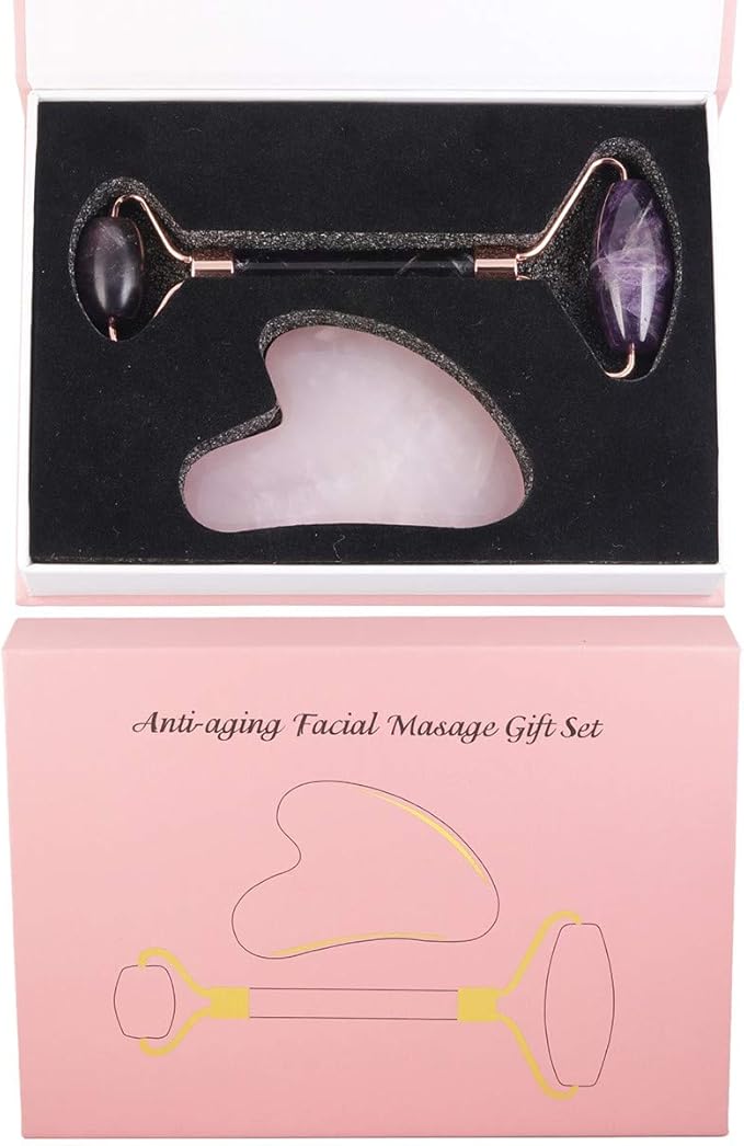 Rockcloud Natural Crystal Jade Roller and Gua Sha Scraping Set Massager Tool for Anti Aging Beauty Neck Body Reduce Wrinkles Facial Massager Therapy Amethyst and Rose Quartz-Velvo Beauty