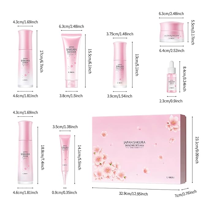 Skin Care Set JAPAN SAKURA Beauty Gift Sets Skin Care Kit with Cleanser, Toner, Lotion, Serum, Eye Cream, Face Cream, Make up Primer Travel Kit for Women Wife Mom 7pcs-Velvo Beauty