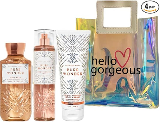 Bath & Body Works - 3 Piece Bundle - Spray - Body Cream - Shower Gel - Full Size and Gift Bag HELLO GORGEOUS (Pure Wonder)-Velvo Beauty