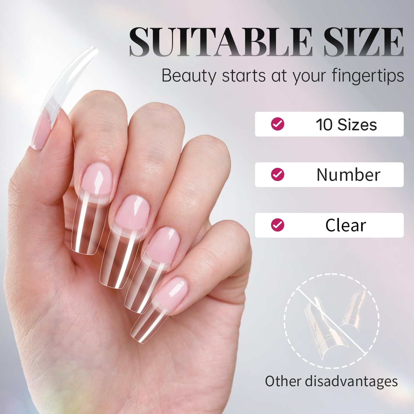 krofaue 100PCS Clear False Nails Tips and Nail Gule Kit, Half Cover Lady French Style Acrylic Artificial Tips 3Pcs Nail Glue for Nail Extension kit Nail Tips Art Salons and Home DIY-Velvo Beauty