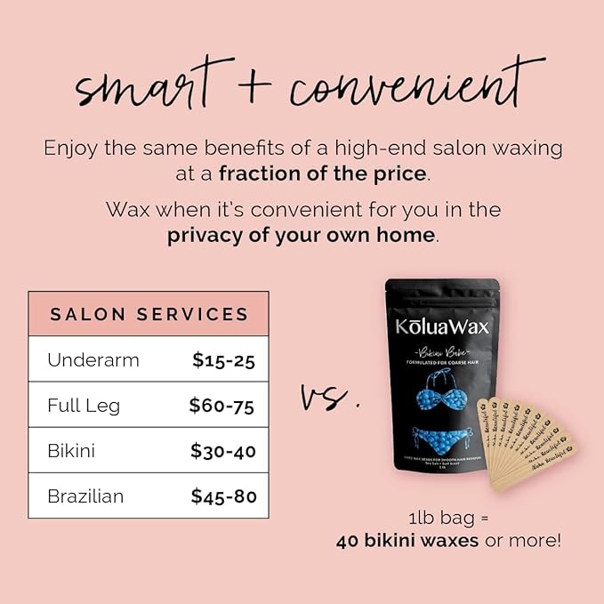 KoluaWax Hard Wax Beads for Hair Removal – Coarse Hair Formula – Face, Brazilian, Underarms, Back Chest, Bikini Waxing – Sea Salt & Surf, 1lb Refill for Wax Warmers & 10 Large Applicator Sticks 2 Pack-Velvo Beauty