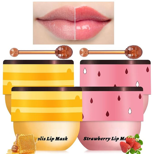 4PCS Bee Lip Balm Honey Pot, Honey Strawberry Lip Balm Lip Mask with Stick, Moisturizing Sleeping Lip Mask Day & Night Lip Care - Hydrate Repair Prevent Dry Cracked Scrub (2 Honey & 2 Strawberry)-Velvo Beauty