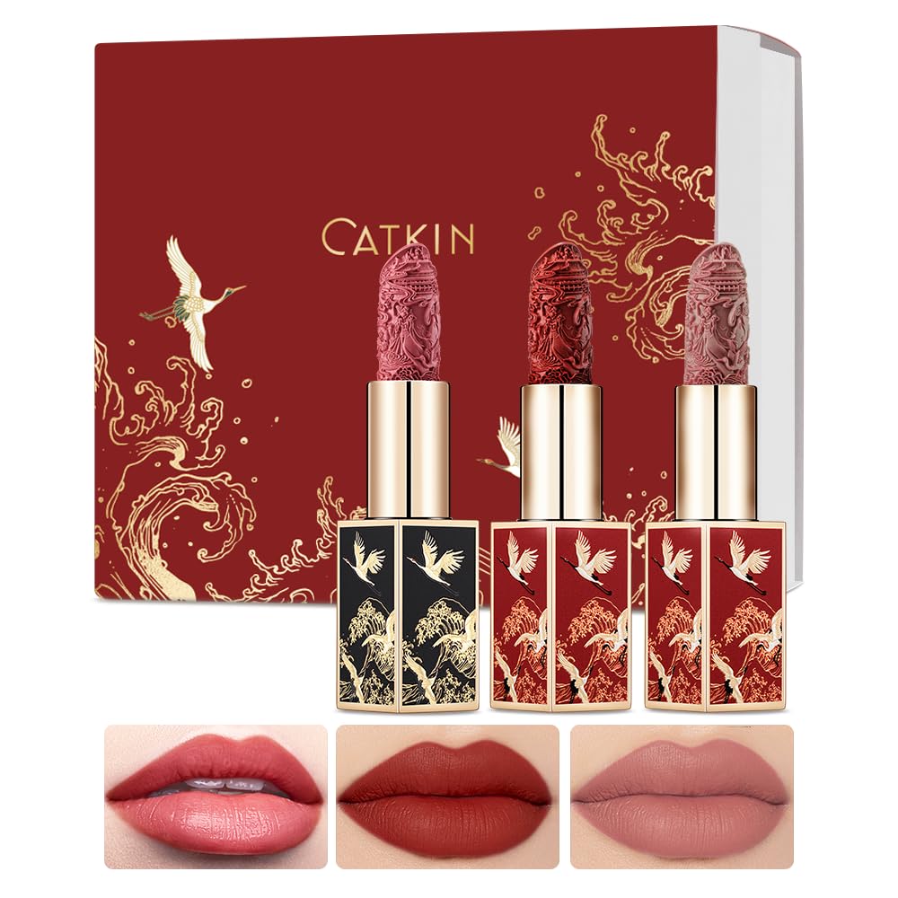 Catkin Carving Lipstick 3pcs Set Silky Smooth Moisture Long Lasting Highly Pigmented Waterproof for Lip Color Makeup 0.13 Ounce X 3 Gift for women-Velvo Beauty