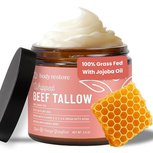 Body Restore Grass Fed Whipped Beef Tallow for Skin, Face, Body, Dry Skin - with Manuka Honey, Jojoba Oil, Birthday Gifts for Women, Men, Travel Essentials, Self Care - Citrus-Velvo Beauty