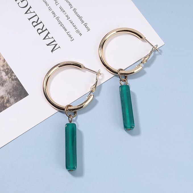Boho Rectangle Green Jade Earrings Green Marbled Earrings Gold Circle Leverback Dangle Earrings Vintage Circle Hoop Dangle Earrings Jewelry for Women and Girls-Velvo Beauty
