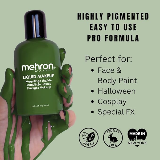 Mehron Makeup Liquid Makeup | Face Paint and Body Paint Perfect for Halloween, Cosplay I Air Brush Compatible 4.5 oz (133 ml) (GREEN)-Velvo Beauty