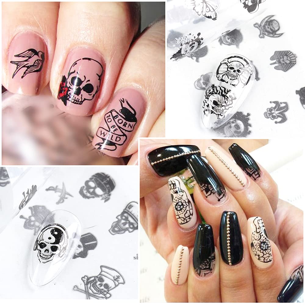 Black Skull Design Nail Foils Halloween Nail Transfer Foil Gothic Skull Nail Art Stickers Decals with Horror Pirate Skeleton Vampire Bone Butterfly Slider Wrap Design Nail Art Decoration Supplies-Velvo Beauty