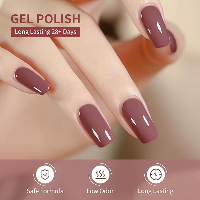 JODSONE 10ml Nude Pink Gel Nail Polish Set 6Colors Long Lasting Neutral Brown Red Purple Nail Polish Lacquer Glossy Art for Nail and Salon Need U V Lamp-Velvo Beauty