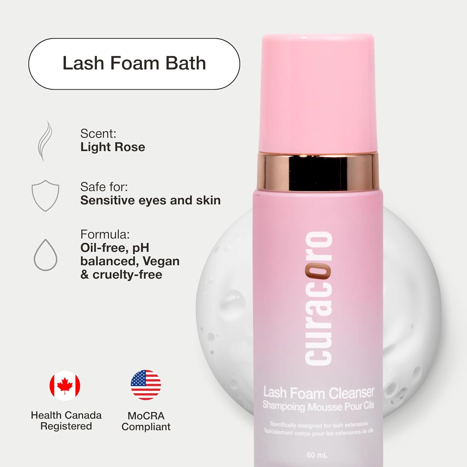 CURACORO 60ML Eyelash Extension Cleanser (Rose Scented) - Lash Shampoo for Lash Extensions, Eyelash Extension Foam Cleanser for Sensitive Skin, Removes Waterproof Makeup for Professional & Home Use-Velvo Beauty