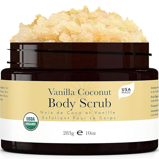 Organic Vanilla Coconut Body Scrub - USA Made Sugar Scrub with Natural Ingredients, Moisturizing Body & Foot Exfoliator for Dry and Sensitive Skin, Removes Dead Skin Cells & Reduces Ingrown Hair-Velvo Beauty