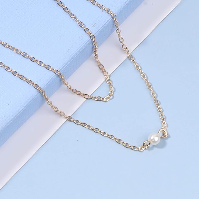 Boho Layered Pearl Choker Necklace Gold Pearl Pendant Necklace Tiny Dot Layering Necklace Vintage Necklace Chain Jewelry for Women and Girls Gifts-Velvo Beauty