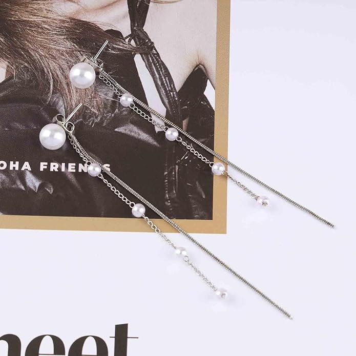 Vintage Pearl Dangle Earrings Long Pearl Chain Earrings Silver Pearl Tassel Drop Earrings Tiny Pearl Bridal Earrings Jewelry for Women-Velvo Beauty