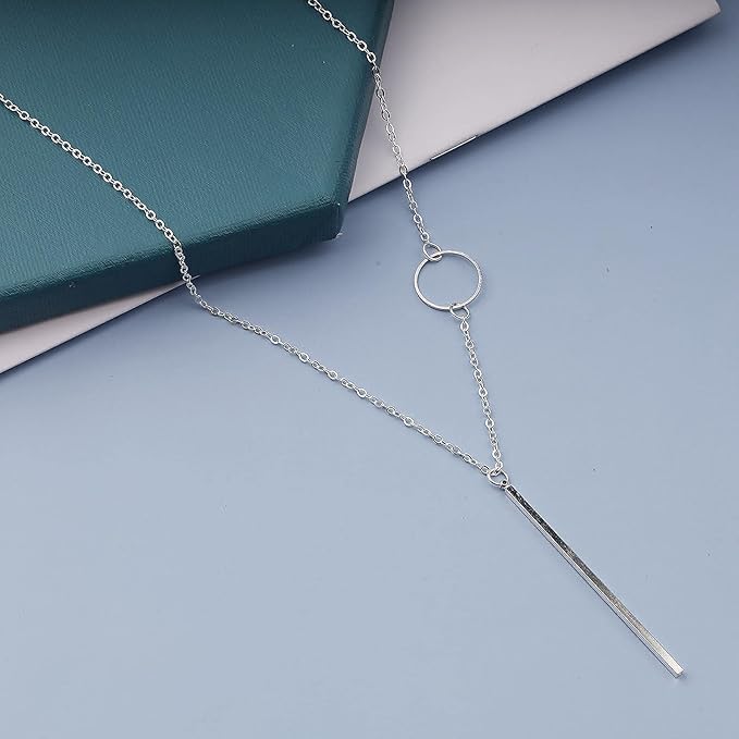 Vertical Bar Circle Necklace Silver Circle Pendant Necklace Boho Long Necklaces Chain Minimalist Geometric Ring Necklace Jewelry for Women and Girls-Velvo Beauty
