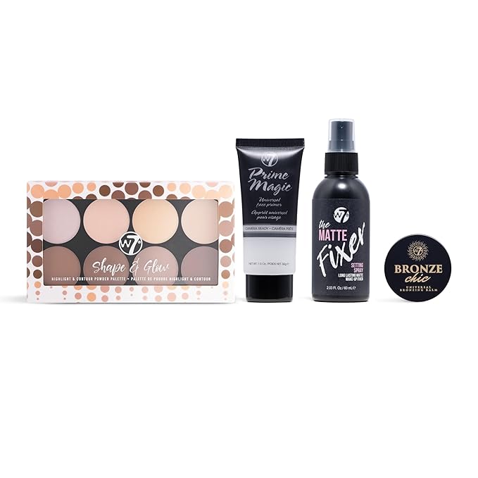 W7 Shape & Glow Makeup Set - Matte Finish - 4 Piece Set - Bronze, Contour & Secure-Velvo Beauty