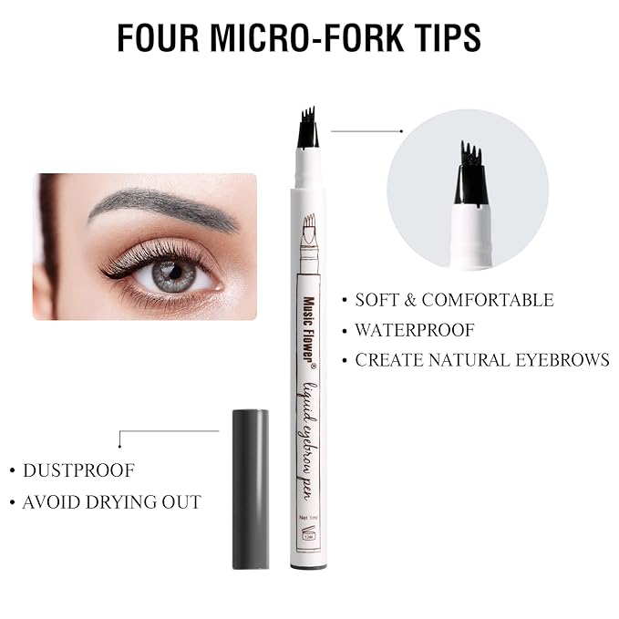 Music Flower Eyebrow Pen, Liquid Eyebrow pen, Waterproof Brow Pencil with Micro-Fork Tip, Smudgeproof Long Lasting Fine Sketch Microblading Pen-Dark grey-Velvo Beauty