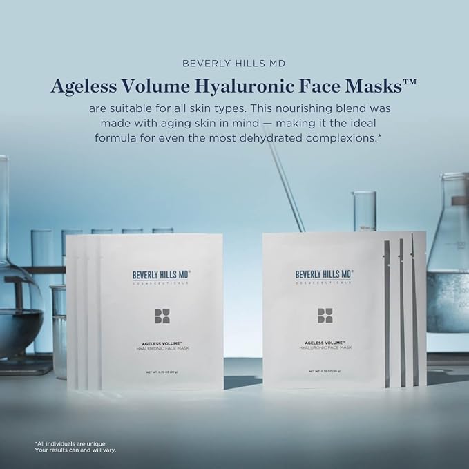 Ageless Volume Hyaluronic Face Mask- Reduce Appearance of Wrinkles, Anti Aging Formula for Plump, Moisturized Skin- 8 Pack- Hydrating & Firming Gentle Sheet Mask-Velvo Beauty