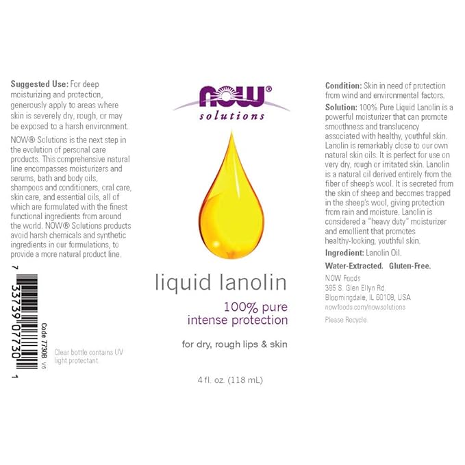 NOW Solutions, Liquid Lanolin Pure, Intense Protection, Formulated for Dry Rough Lips and Skin, 4-Ounce-Velvo Beauty