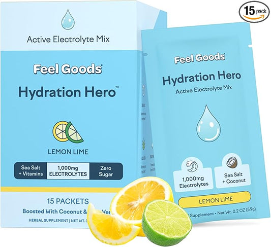 Feel Goods Hydration Hero, 1,000mg Electrolytes Powder, Sugar Free, Magnesium, Organic Aloe Vera, L Theanine, Vitamin C & B12, Non GMO, Keto, Vegan, Electrolyte Packets | Lemon Lime, 15 Count-Velvo Beauty