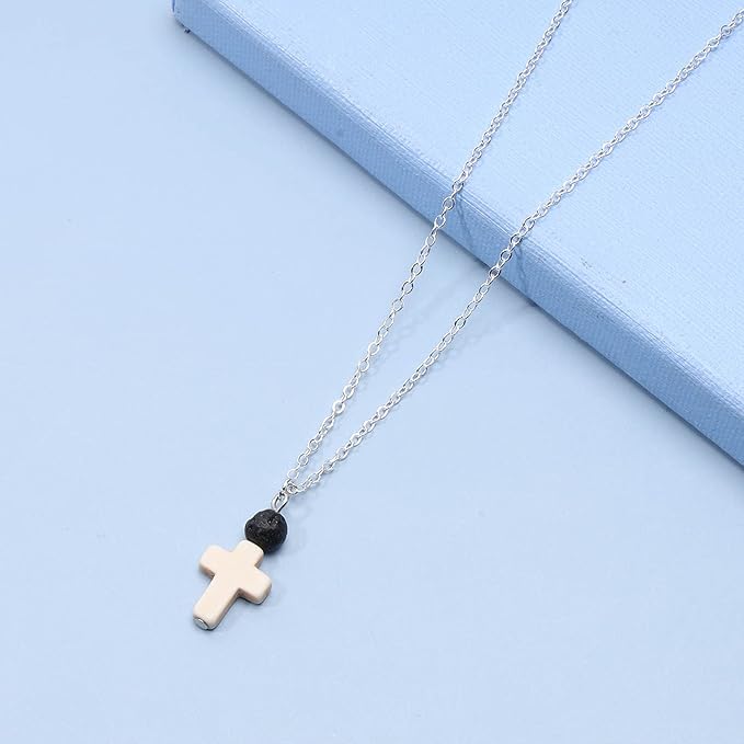 Boho Cross Pendant Necklace Black Lava Bead Choker Necklace Silver Chain Necklace Minimalist Everyday Necklace Jewelry for Women and Girls-Velvo Beauty