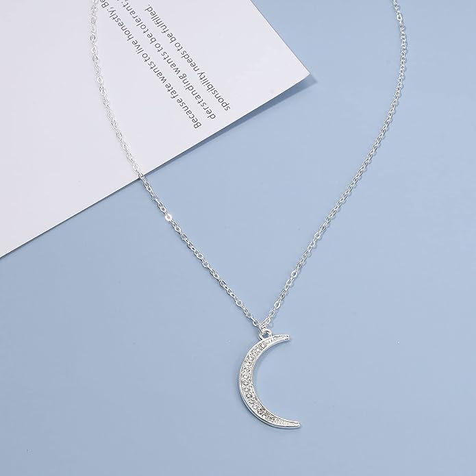 Boho Rhinestone Moon Necklace CZ Crescent Pendant Necklace Chain Minimalist Necklace Festival Jewelry for Women and Teen Girls-Velvo Beauty
