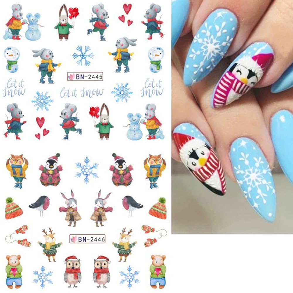 Snowflake Nail Art Stickers Decals Christmas Decorations - 12 Sheets Winter Snowman Elk Penguin Bear Design Water Transfer Slider Foils Supplies for Women DIY Acrylic-Velvo Beauty