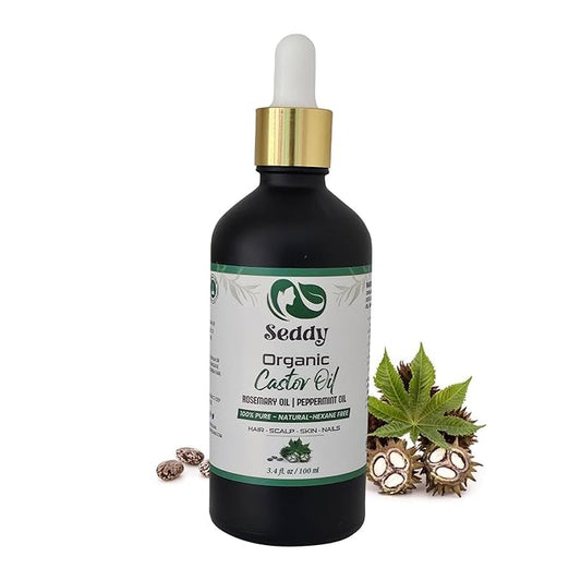 Seddy Organic Castor Oil - Cold Pressed | Hexane-Free | Pure | Hair, Scalp, Eyelashes, Eyebrows, Skin, & Nails | Hair Treatment Oil - 3.4 Fl. Oz-Velvo Beauty