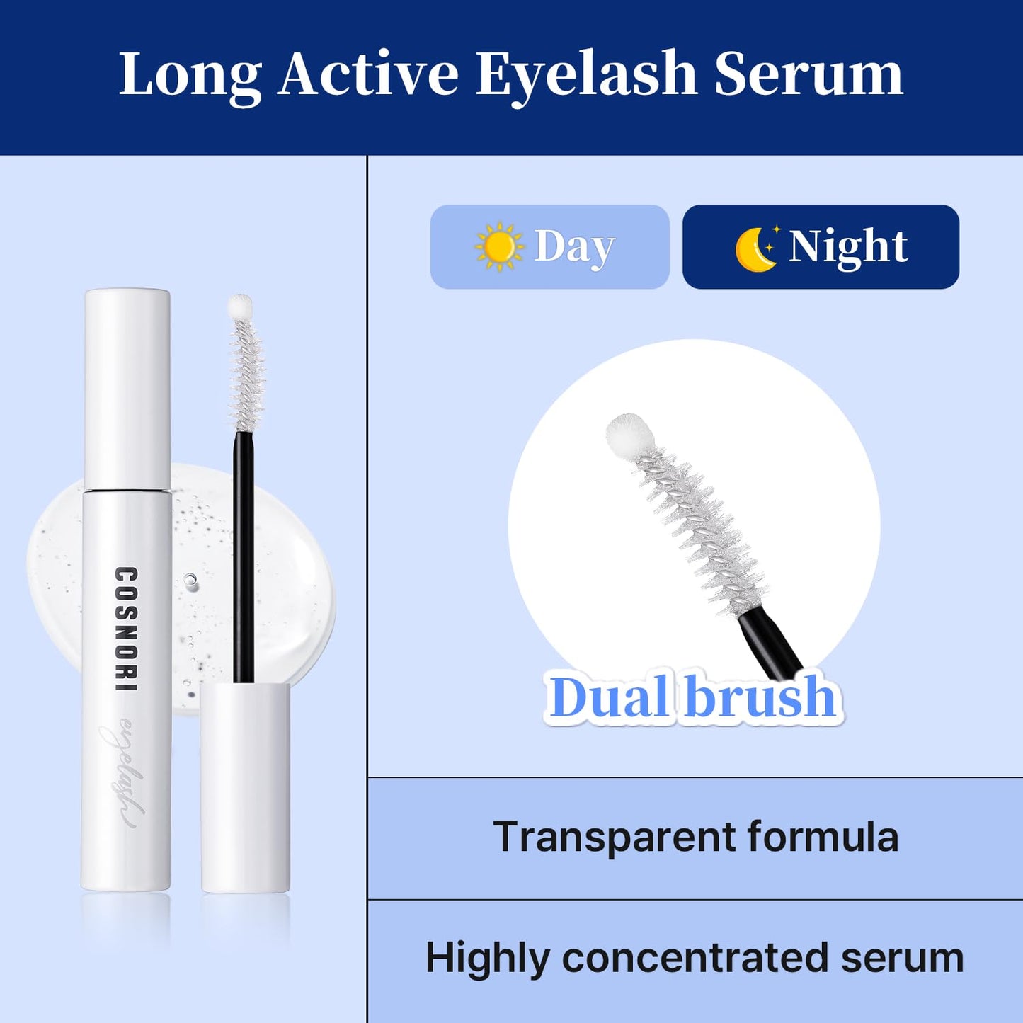 COSNORI Long Active Eyelash Serum - Korean Eyelash Boost Serum - Eyebrow Growth Enhancer for Longer and Thicker - Vegan Prostaglandin Free & Non Irritating - Peptides, Hyaluronic Acid, 0.3 fl.oz.-Velvo Beauty