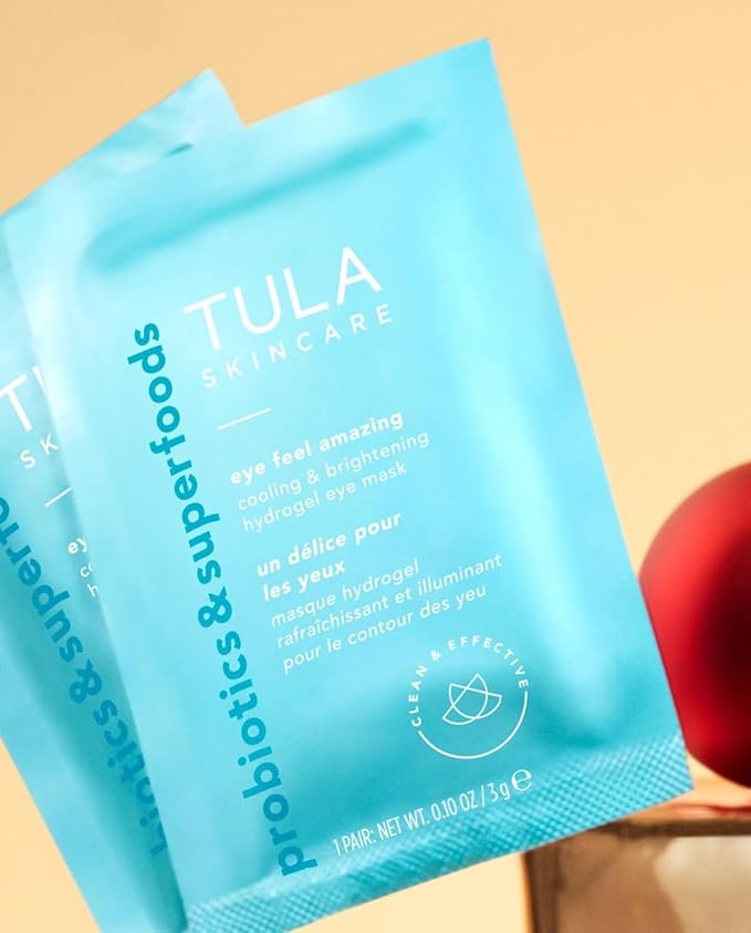 TULA Skin Care Eye Feel Amazing Cooling & Brightening Hydrogel Eye Masks - Fights Puffiness & Soothes Undereyes, Contains Hyaluronic Acid & Niacinamide, Caffeine & Chamomile, 4 packettes, 0.10 oz.-Velvo Beauty