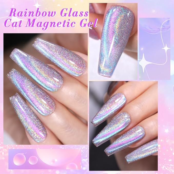 Born Pretty Magnetic Gel Nail Polish Holographic Glass Cat Magnetic Eye Gel Polish Nail Gel Soak Off Nail Art Salon Manicure Collection Gift 6pcs-Velvo Beauty