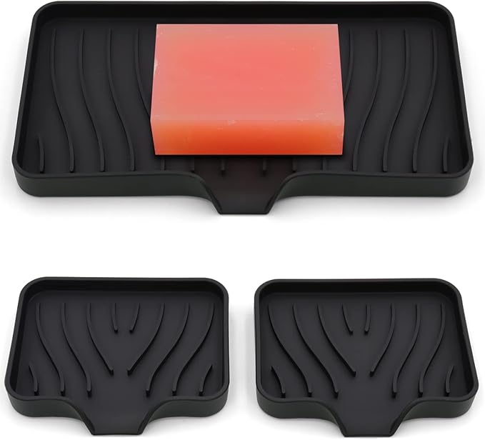 3-Pack Silicone Soap Dish, Sponge Holder for Sink, Kitchen Soap Tray, Bathroom Soap Holder, Sponge Tray with Drain (Black)-Velvo Beauty