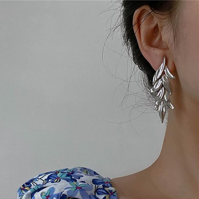 Statement Leaf Dangle Drop Earrings Vintage Silver Leaf Cluster Drop Earrings Punk Large Leaf Dangle Earrings Bridal Earring Wedding Prom Earring Jewelry for Women and Girls-Velvo Beauty