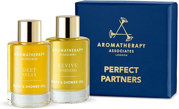 Aromatherapy Associates Perfect Partners Gift Set. 2 Premium Bath and Shower Oils (0.3 fl oz each) in Decorative Gift Box. Includes Deep Relax and Revive Morning Blends-Velvo Beauty