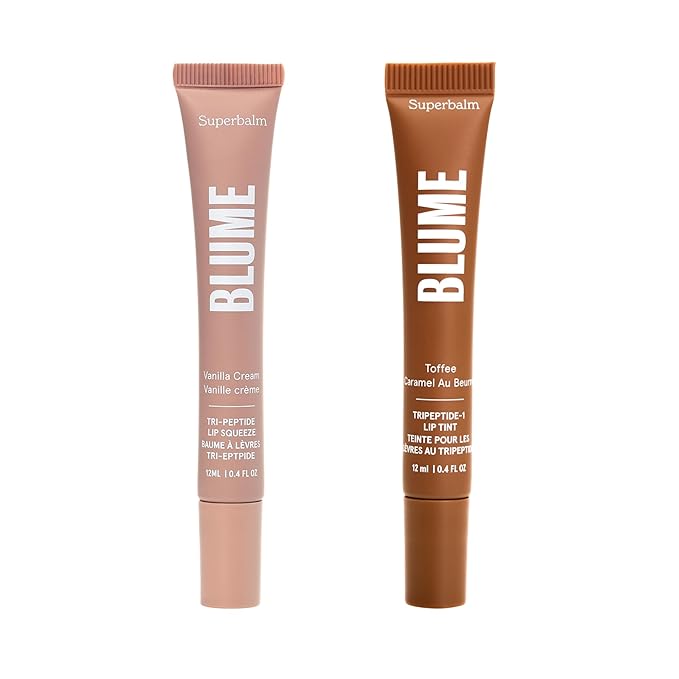 Blume Superbalm Duo - Tri-Peptide Vanilla Lip Balm (0.4 Fl Oz) + Tri-Peptide Toffee Soft Brown Tinted Lip Balm (0.4 Fl Oz) - Deep Hydration & Lip Plumping Set-Velvo Beauty