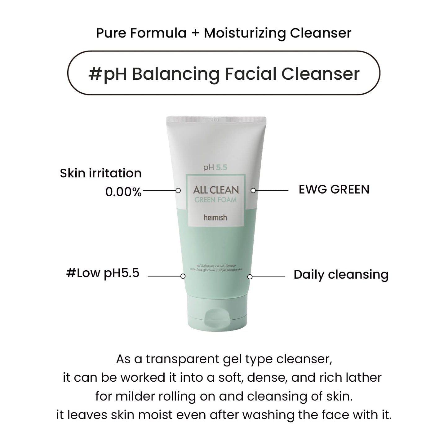 HEIMISH All Clean Green Foam Moisturizing Face Cleanser, Hydrating Gentle Gel Cleanser, Daily Face Wash for Sensitive Skin with Amino Acid, P.H 5.5, for Double Cleansing, Korean Skincare, 5.3oz/150g-Velvo Beauty