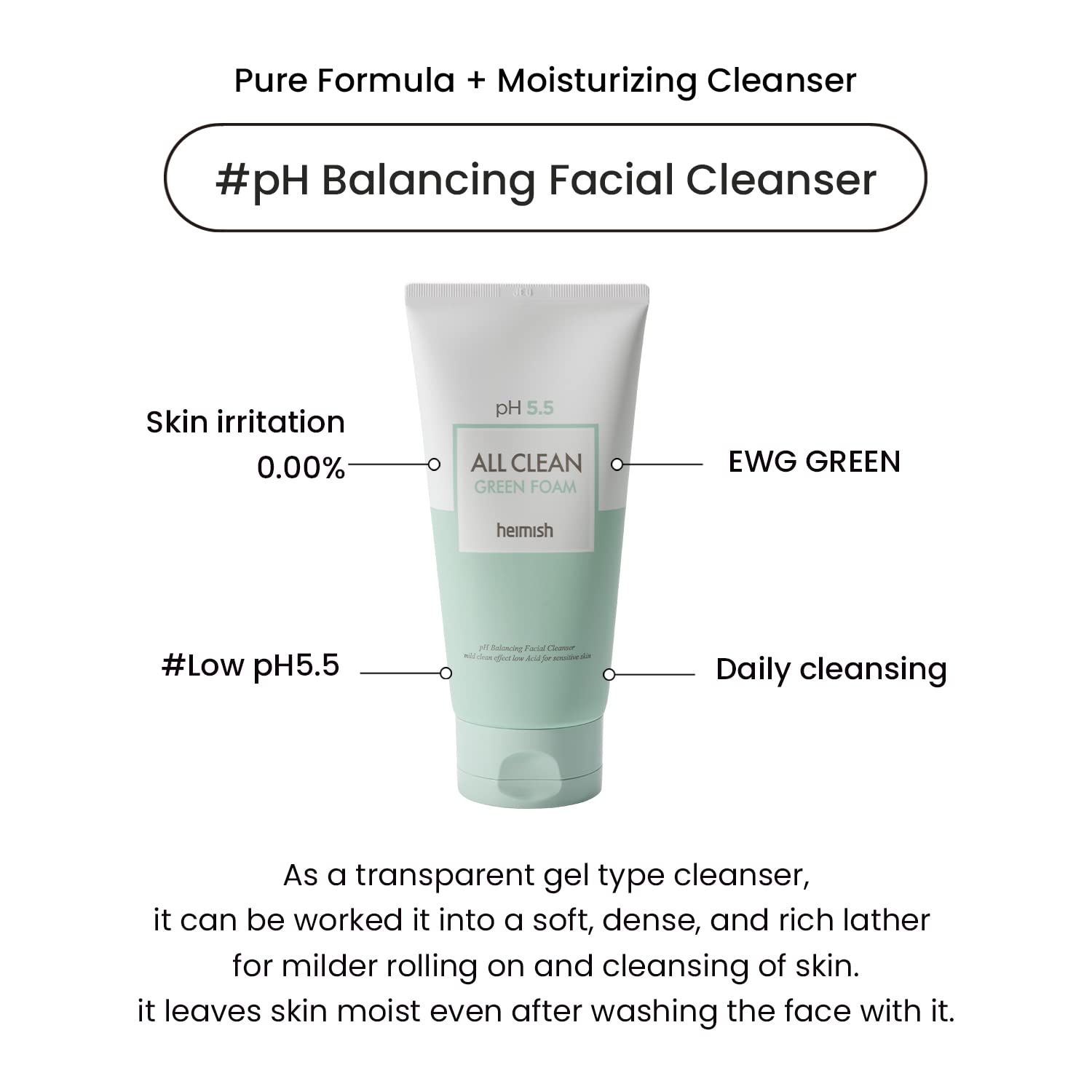 HEIMISH All Clean Green Foam Moisturizing Face Cleanser, Hydrating Gentle Gel Cleanser, Daily Face Wash for Sensitive Skin with Amino Acid, P.H 5.5, for Double Cleansing, Korean Skincare, 5.3oz/150g-Velvo Beauty