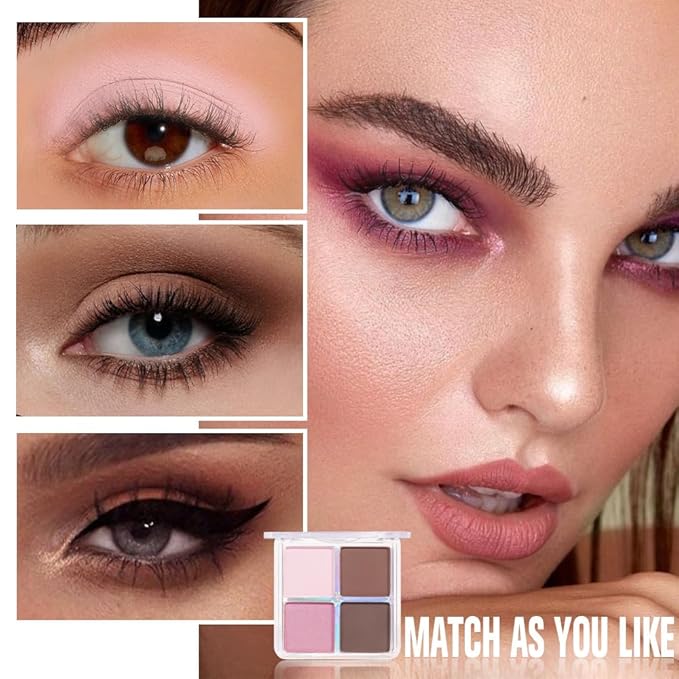 Powder Eyeshadow Quad, Rose Pink Chocolate Brown Shimmer Eye Shadow Palette Makeup, Neutral Vegan Matte Quads Eye Shadow Palette for Older Women Pigmented Waterproof, paleta de sombras de ojos-Velvo Beauty