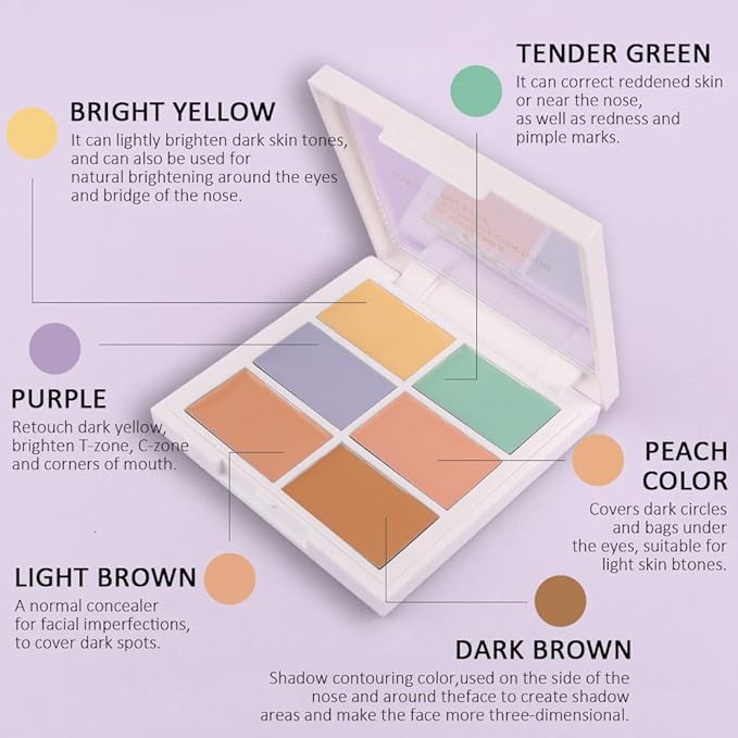evpct 6 Colors Conceal Correct Cream Contour Makeup Palette for Mature Skin Color Correcting Conceal trouble spots dullness dark circles Correct discolorations Camouflage imperfections Covers redness-Velvo Beauty