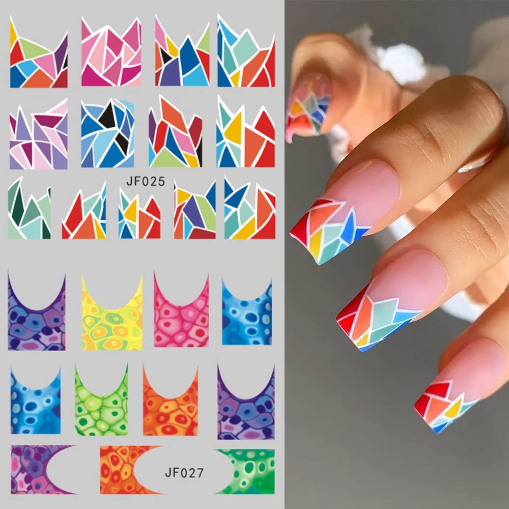 12 Sheets Colorful Stripes Nail Art Stickers Geometric Rainbow Wave Design Water Transfer Nail Decals for Nails Art Abstract French Pattern Acrylic Slider Nail Foils for Women Manicure Nail Decor-Velvo Beauty
