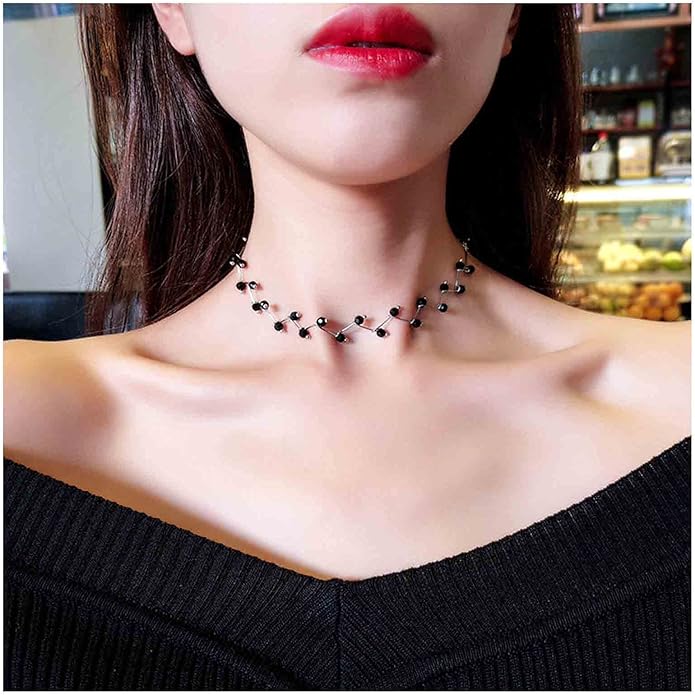 Black Crystal Choker Necklace Short Black Beaded Choker Necklace Silver Chain Necklace Minimalist Necklace Jewelry for Women and Girls-Velvo Beauty