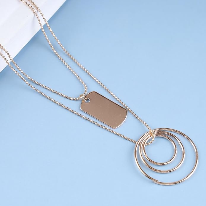 Vintage Layered Square Pendant Necklace Multi Circle Necklace Gold Square Choker Necklace Layer Circle Necklace Jewelry for Women-Velvo Beauty
