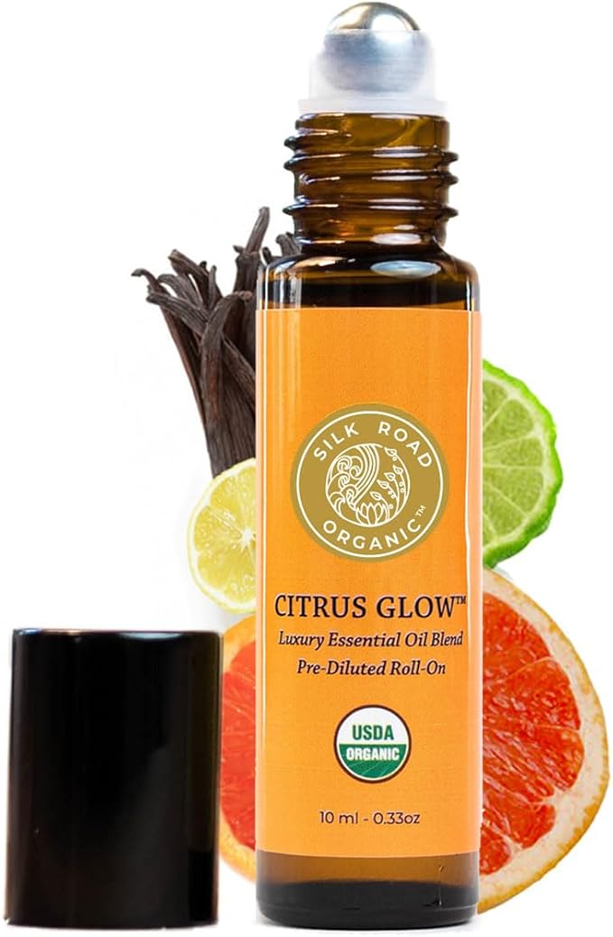 Silk Road Organic Citrus Glow Essential Oil Revive Blend Roll On, 100% Pure USDA Certified Citrus & Vanilla - Uplifting, & Energizing - 10 ml Roller - Always Pure, Always Organic-Velvo Beauty