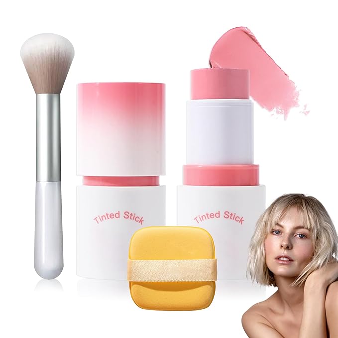 Cream Blush Stick with Brush and Makeup Sponge,Waterproof Multi Cream Makeup Stick,Lightweight,Long-lasting,2 in 1 Multi Blush for Cheeks & Lip Tint & Eyeshadow J-Velvo Beauty