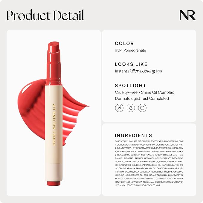 Nature Republic HONEY MELTING LIP (04 POMEGRANATE) SOFT LIP STICK, Hydrating Gloss, Moisturizing balms, Sheer tint, Shine & Glowy Finish, korean make up-Velvo Beauty
