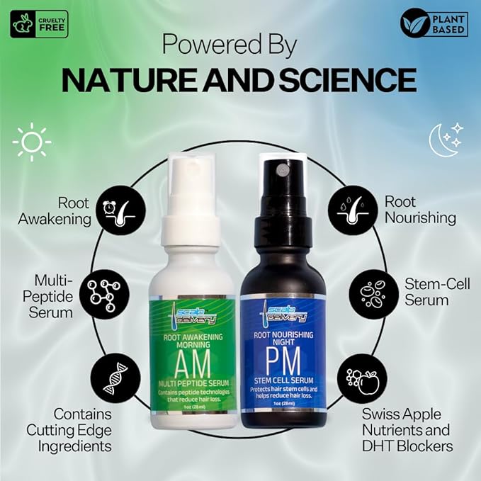 Peptide & Stem Cell Hair Growth Serum, AM & PM Bundle – Formula with Apple Stem Cells for Thicker, Stronger Hair – Stem Cell Scalp Serum for Hair Growth and Nourishment for Men & Women-Velvo Beauty